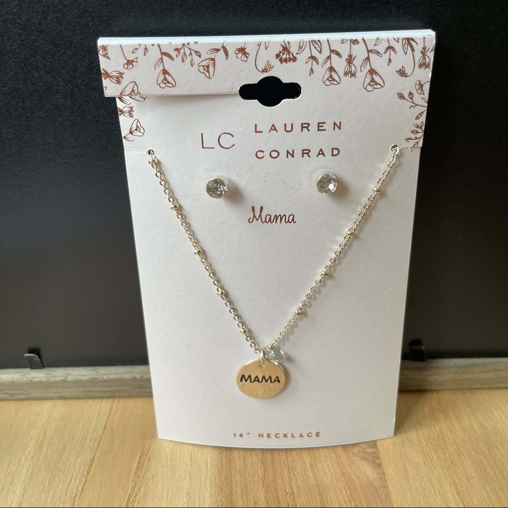 NWT LC Lauren Conrad 16 in “Mama” necklace silver earrings great gift!